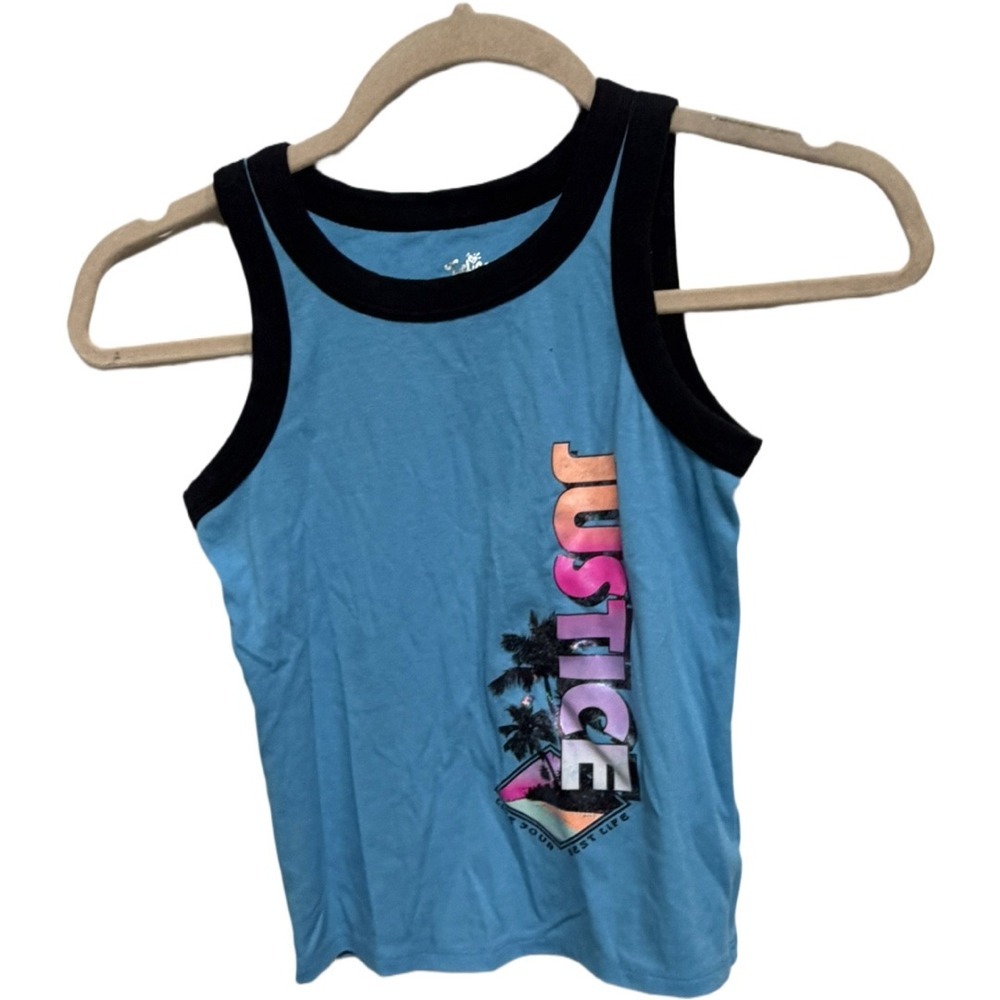 Justice Girls Blue Graphic Tank Top Size Small (7/8) Palm Tree Summer Sleeveless